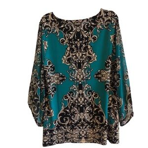 JM Collection Teal and Black Baroque Blouse